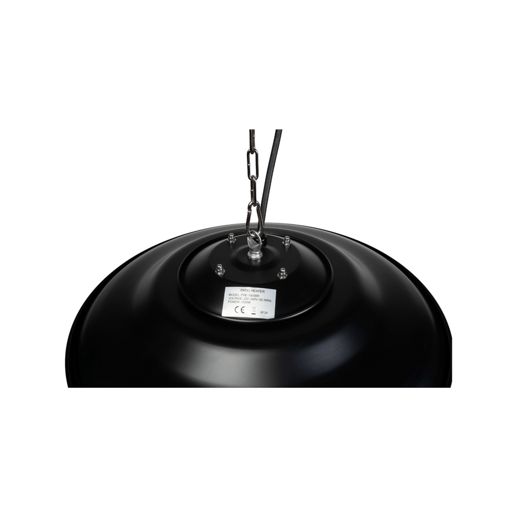 Hangende zwarte Heatix terrasverwarmer of heater met 1500 Watt en infraroodlicht