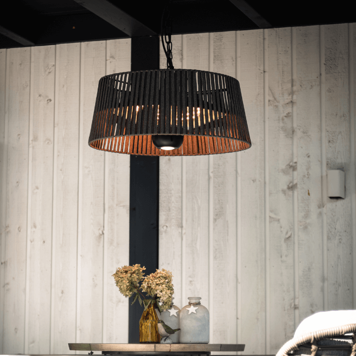 stijlvolle lampenkap stijl met de Bruine hangende Artix Corda Bright terrasverwarmer met 1800 Watt